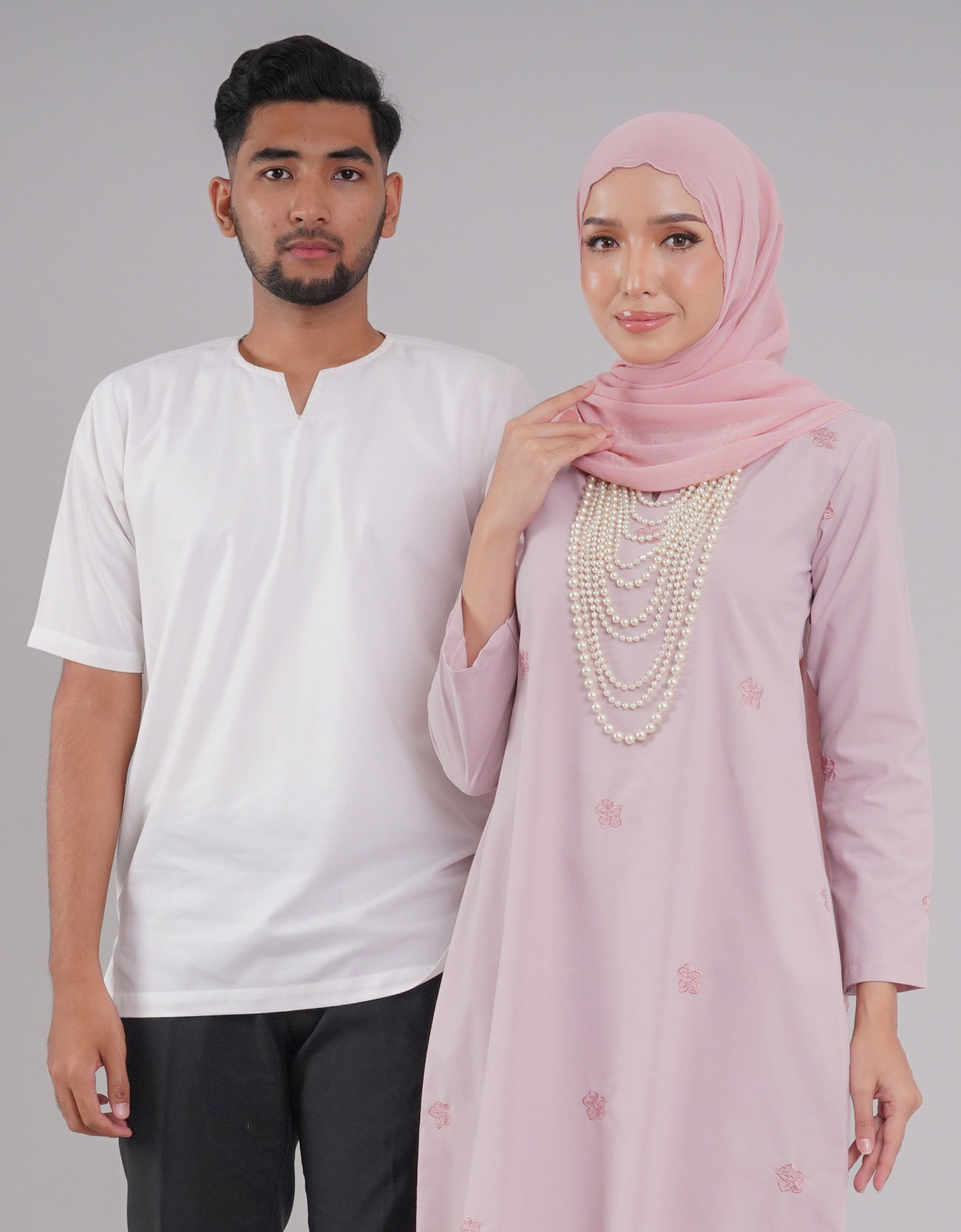 Mahrani Kurung Riau Adult Cotton Embroidered - 02 Light Pink