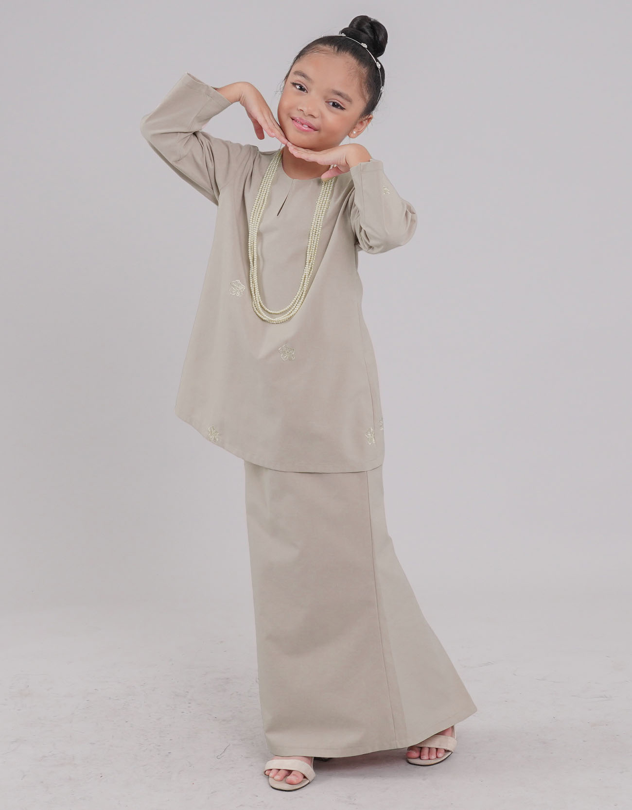 Mahrani Kurung Riau Kids Cotton Embroidered - 03 Light Brown