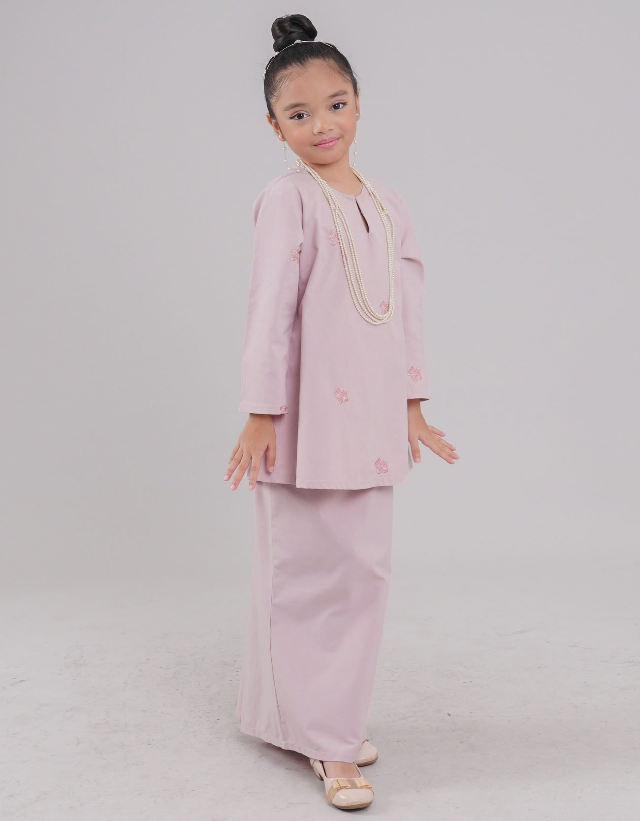 Mahrani Kurung Riau Kids Cotton Embroidered - 02 Light Pink
