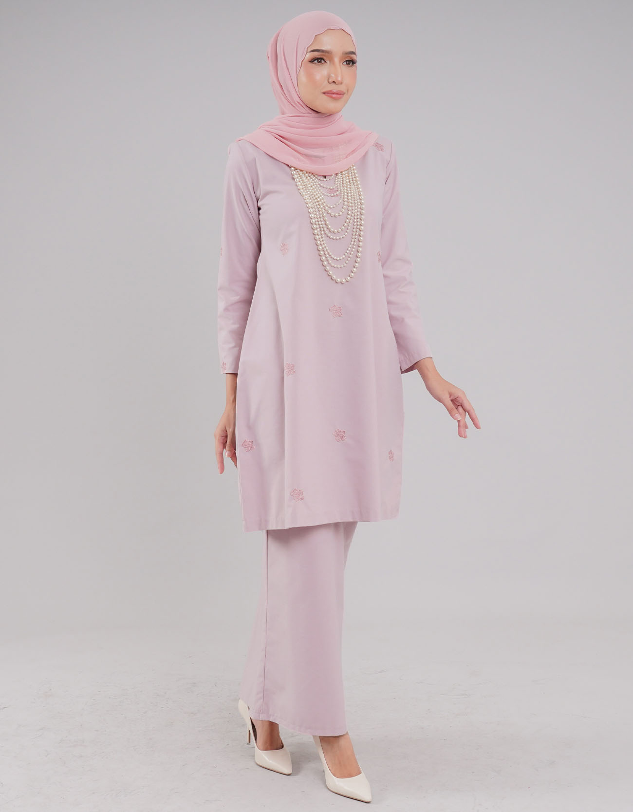 Mahrani Kurung Riau Adult Cotton Embroidered - 02 Light Pink