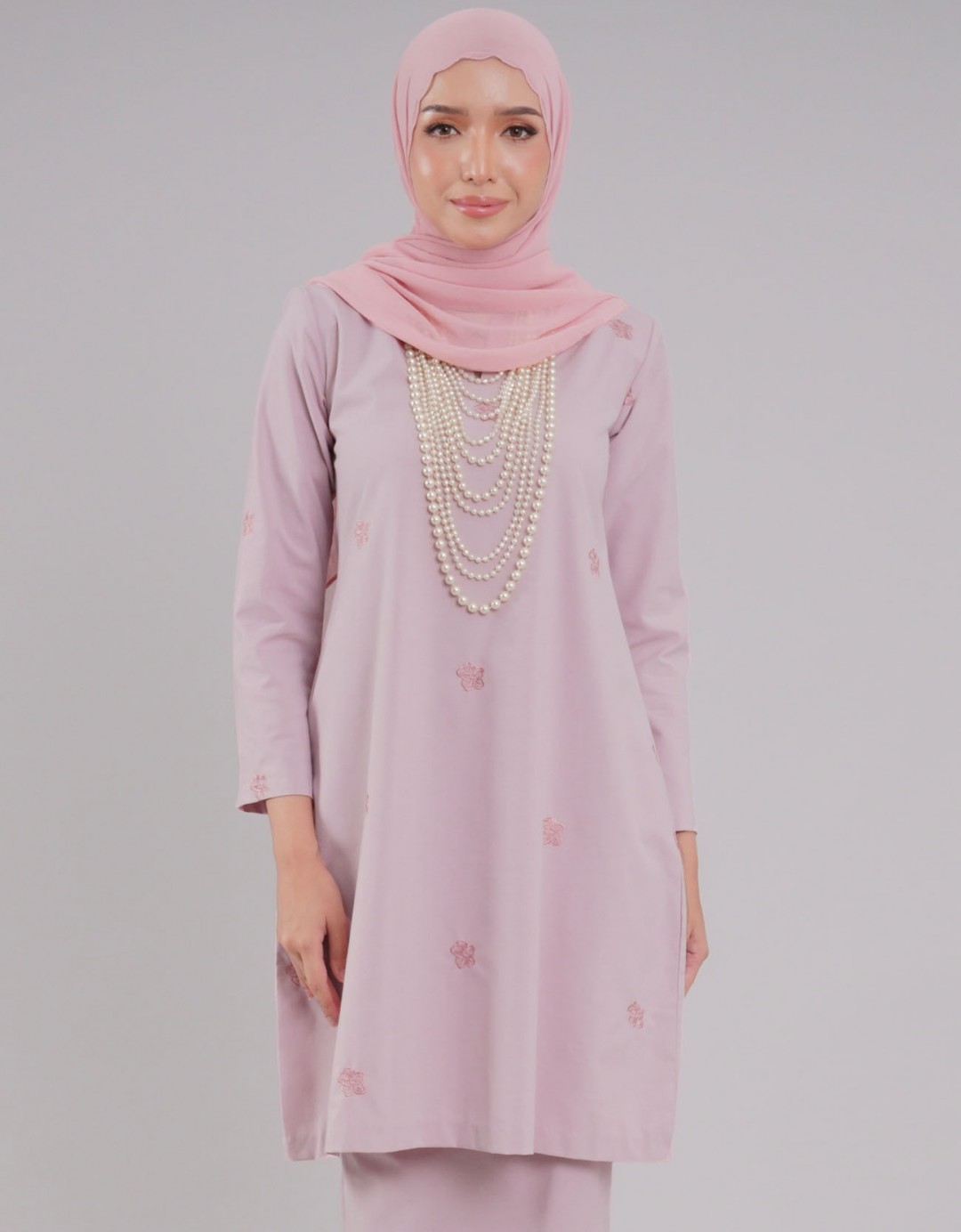 Mahrani Kurung Riau Adult Cotton Embroidered - 02 Light Pink