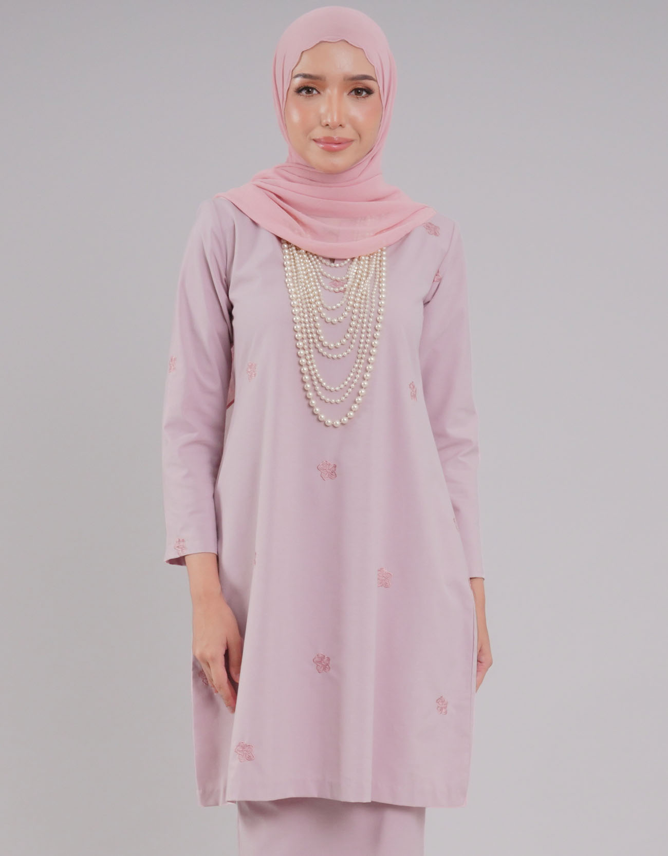 Mahrani Kurung Riau Adult Cotton Embroidered - 02 Light Pink